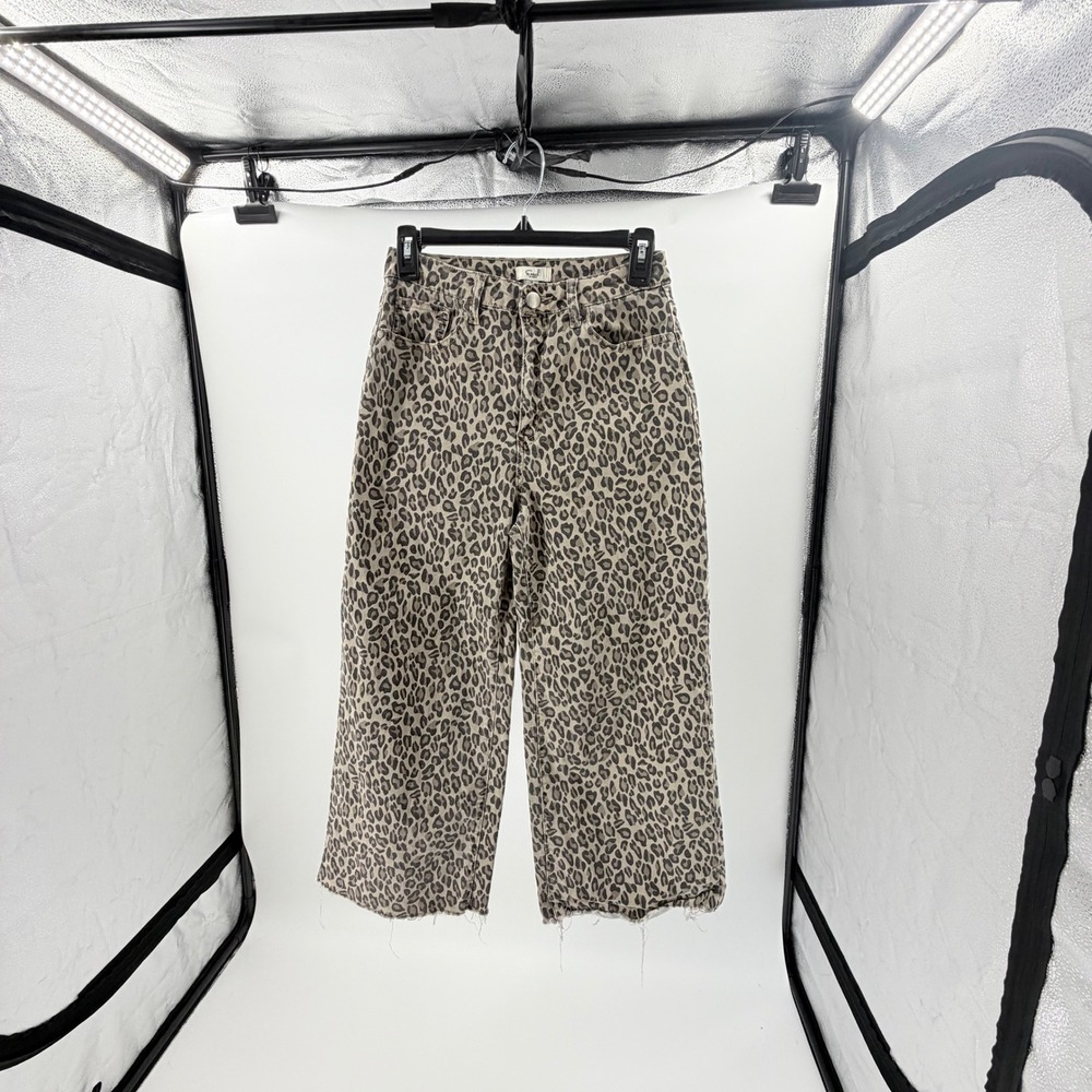 Easel Los Angeles Leopard Print Wide Leg Pants Tan Charcoal Animal Print Small